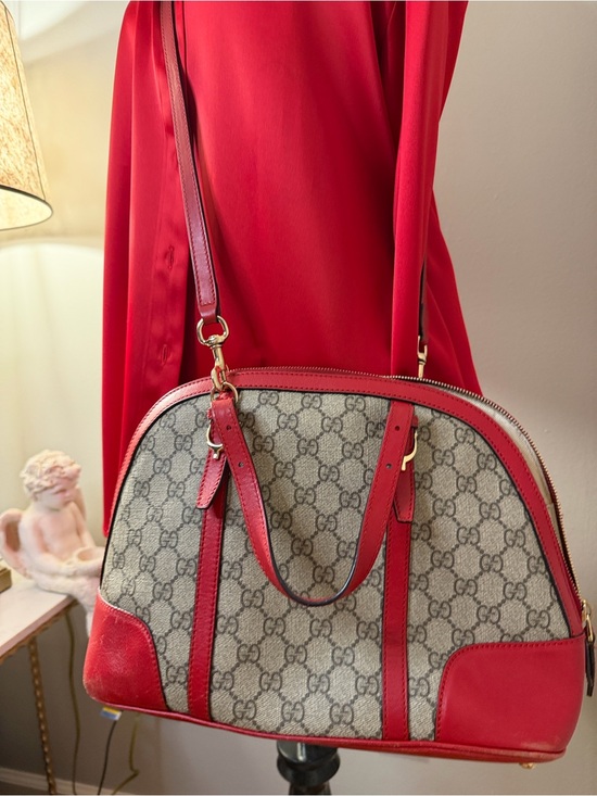 Gucci Handbags - Gucci Beige GG Supreme Canvas Bag with Red leather cross strap, gold hardware